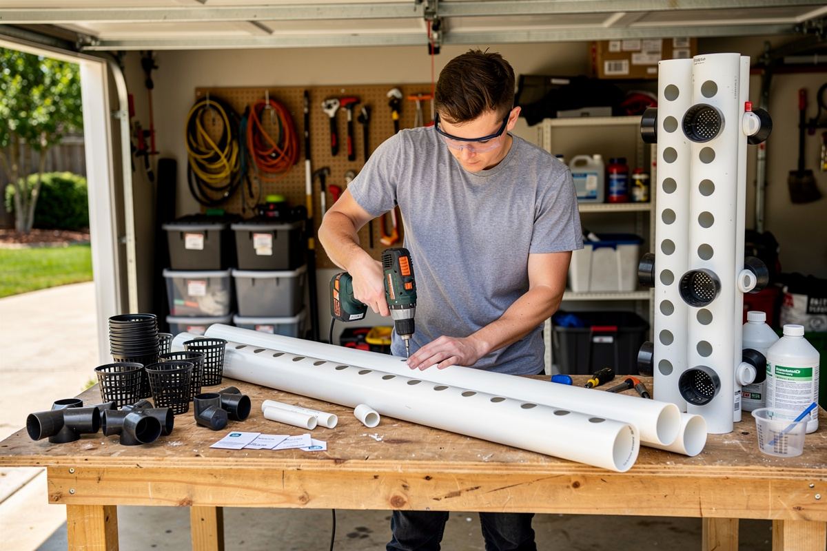 Building a DIY vertical hydroponic garden from PVC pipes