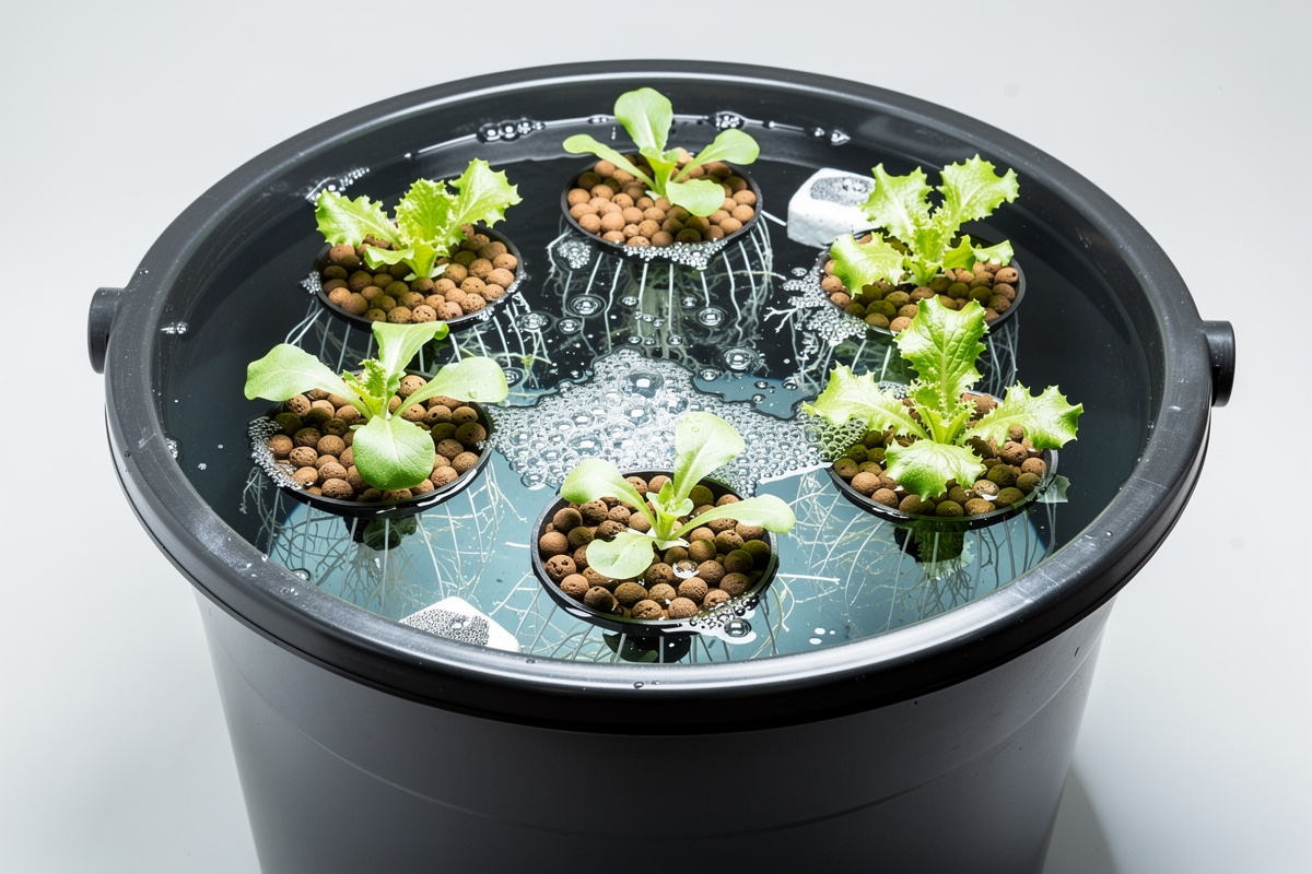 Deep water culture DWC hydroponic kit with net pots and air stones