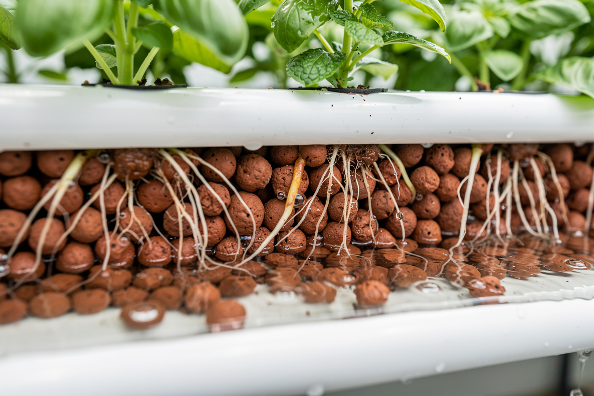 Basil and mint plant roots growing in clay pebbles inside NFT hydroponic channel with nutrient solution flowing