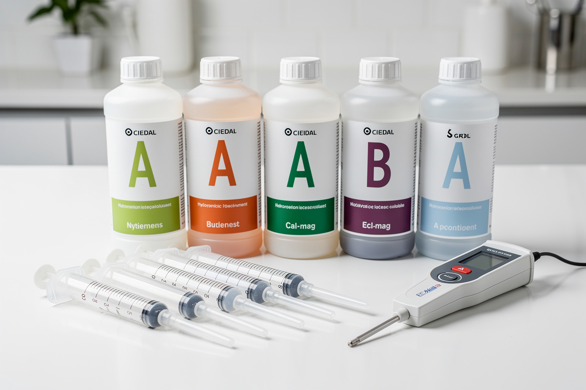 Hydroponic nutrient bottles and mixing equipment on countertop