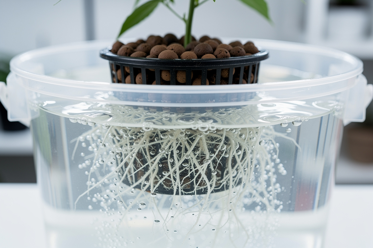 Healthy pepper plant roots growing in a deep water culture hydroponic system