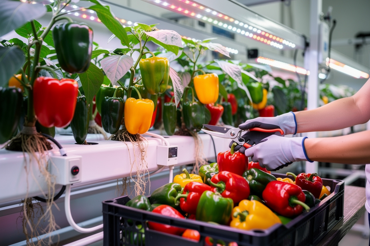 Colorful peppers being harvested from an indoor hydroponic system