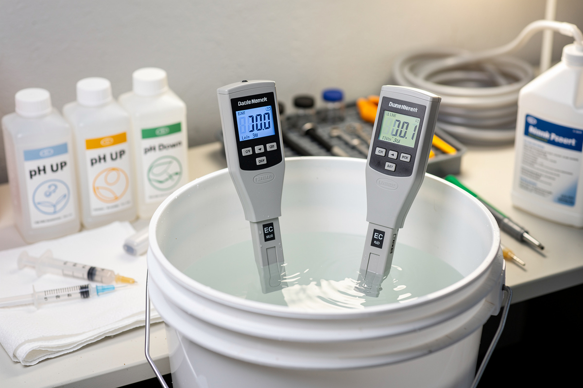 pH and EC meters testing hydroponic nutrient solution for peppers