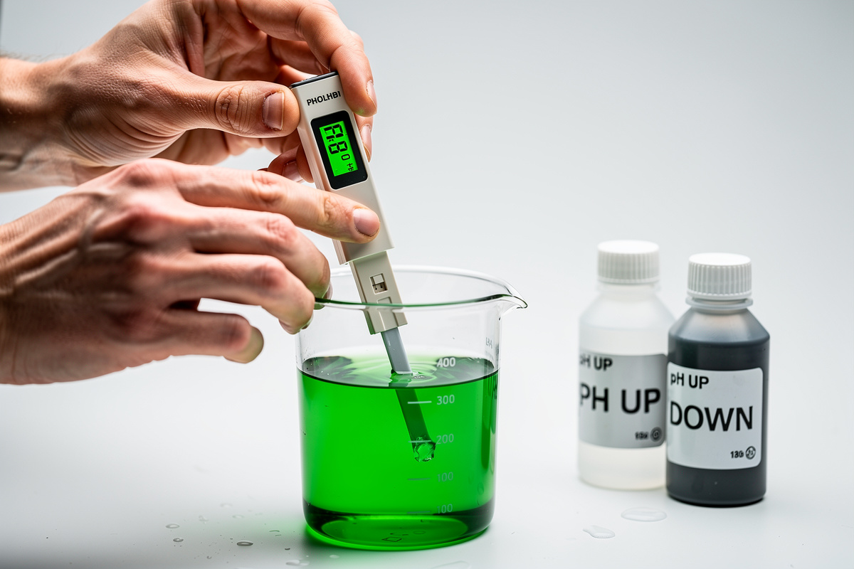 Testing pH of hydroponic nutrient solution with a digital meter