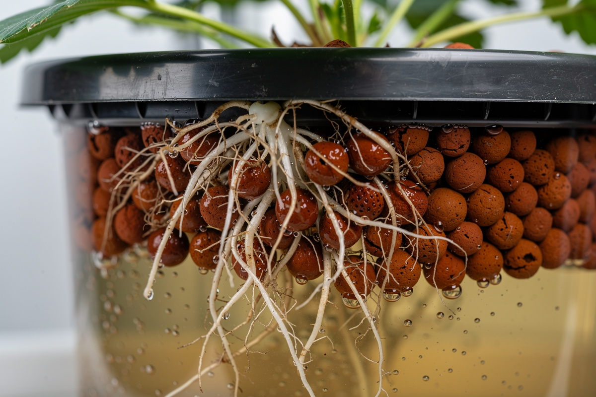 Strawberry plant roots growing in clay pebbles inside a deep water culture hydroponic bucket with nutrient solution visible
