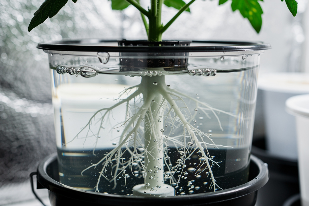 Healthy tomato plant roots growing in clay pebbles with nutrient solution visible in hydroponic Dutch bucket system