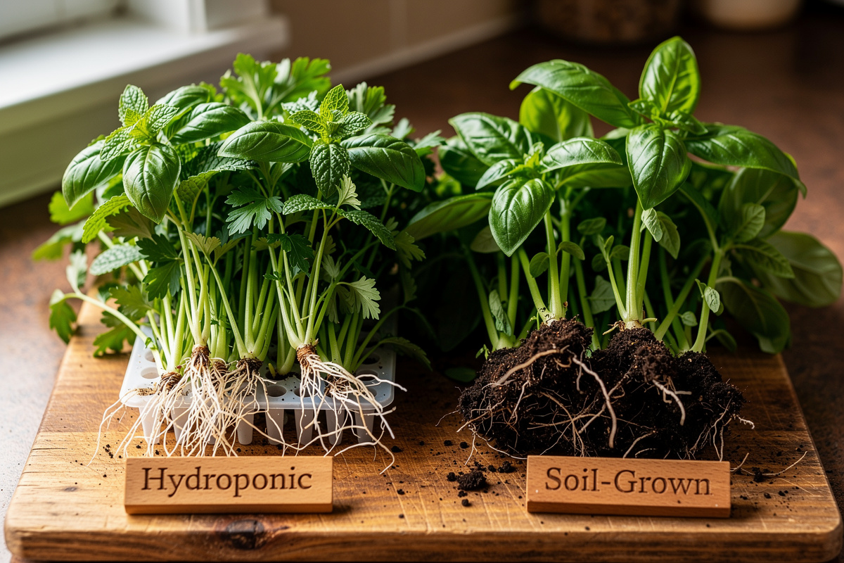 Comparison of hydroponic herb harvest versus soil-grown herb harvest with fresh basil, mint, parsley on wooden cutting board