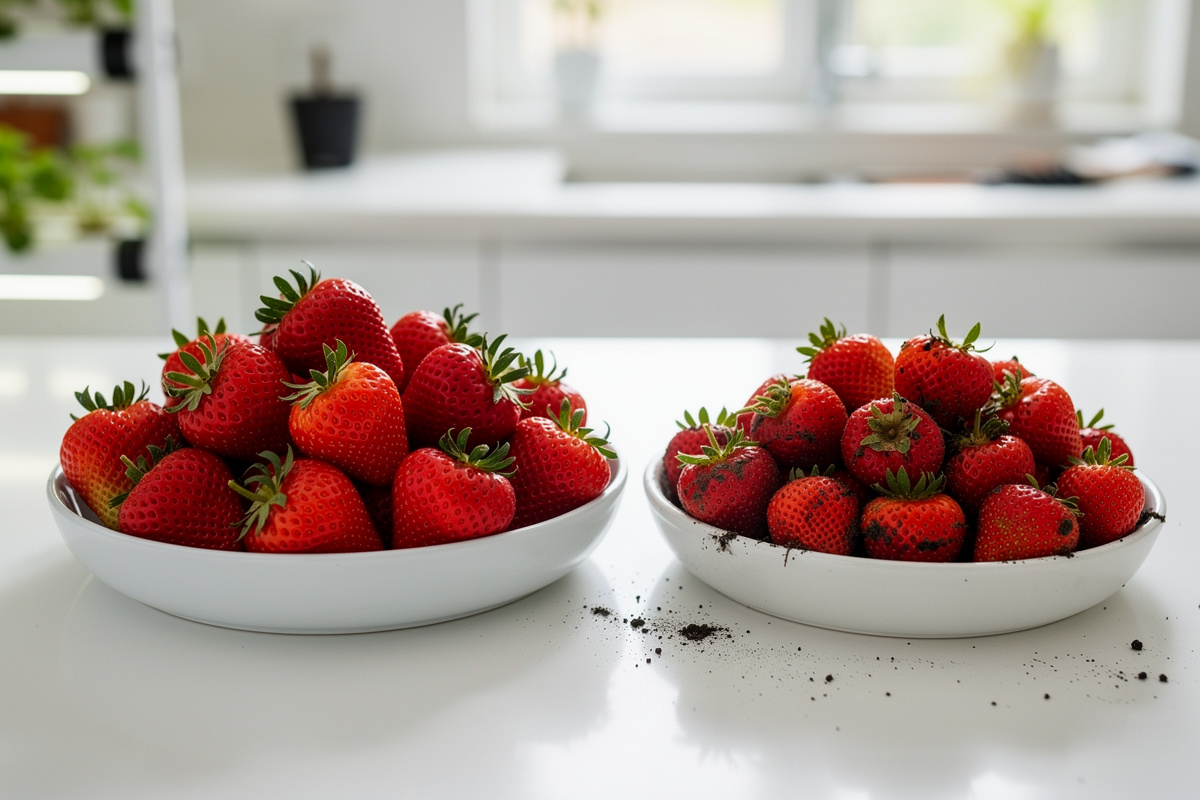 Comparison of hydroponic strawberry harvest versus soil-grown strawberry harvest showing size and quantity differences on kitchen counter