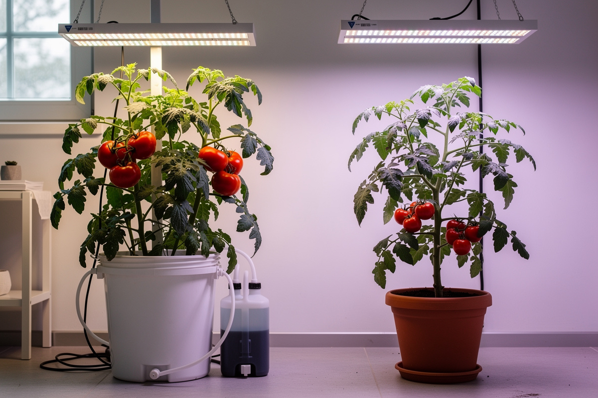 Comparison of hydroponic tomato harvest versus soil-grown tomato harvest showing size and quantity differences