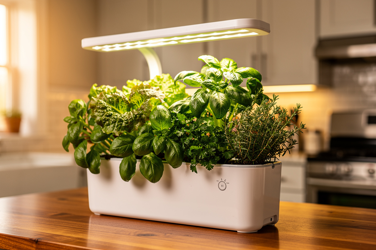 Mature indoor hydroponic garden with lettuce and herbs ready to harvest