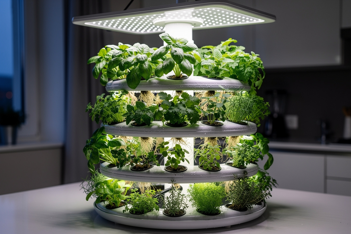 Indoor hydroponic herb garden with multiple herb varieties in vertical tower system under full-spectrum LED grow light