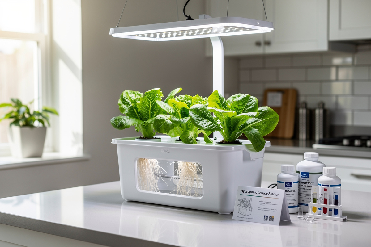 Indoor hydroponic lettuce garden with DWC system growing multiple lettuce heads under LED grow light