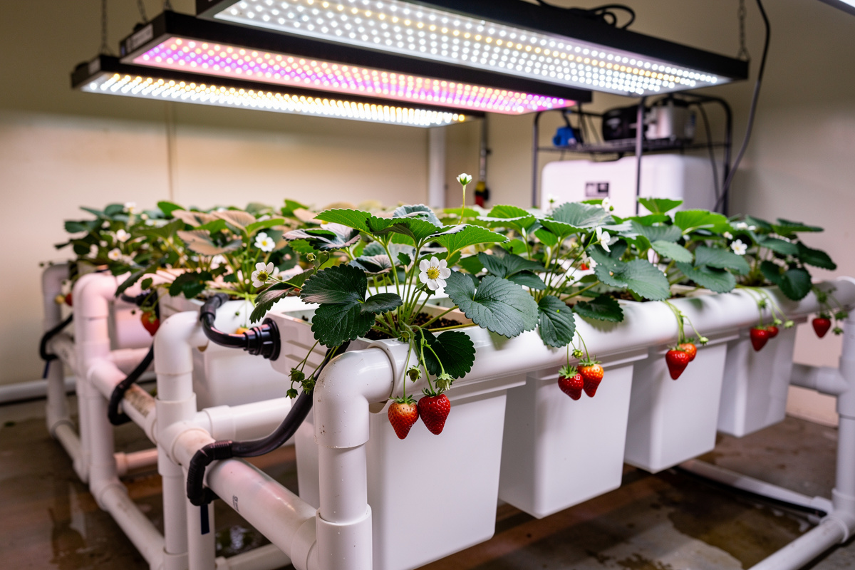 Indoor hydroponic strawberry garden with multiple plants in NFT channel system under full-spectrum LED grow light