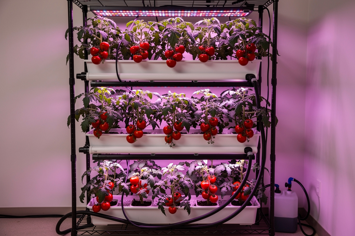 Indoor hydroponic tomato grow light setup with full-spectrum LED panel positioned above Dutch bucket tomato plants