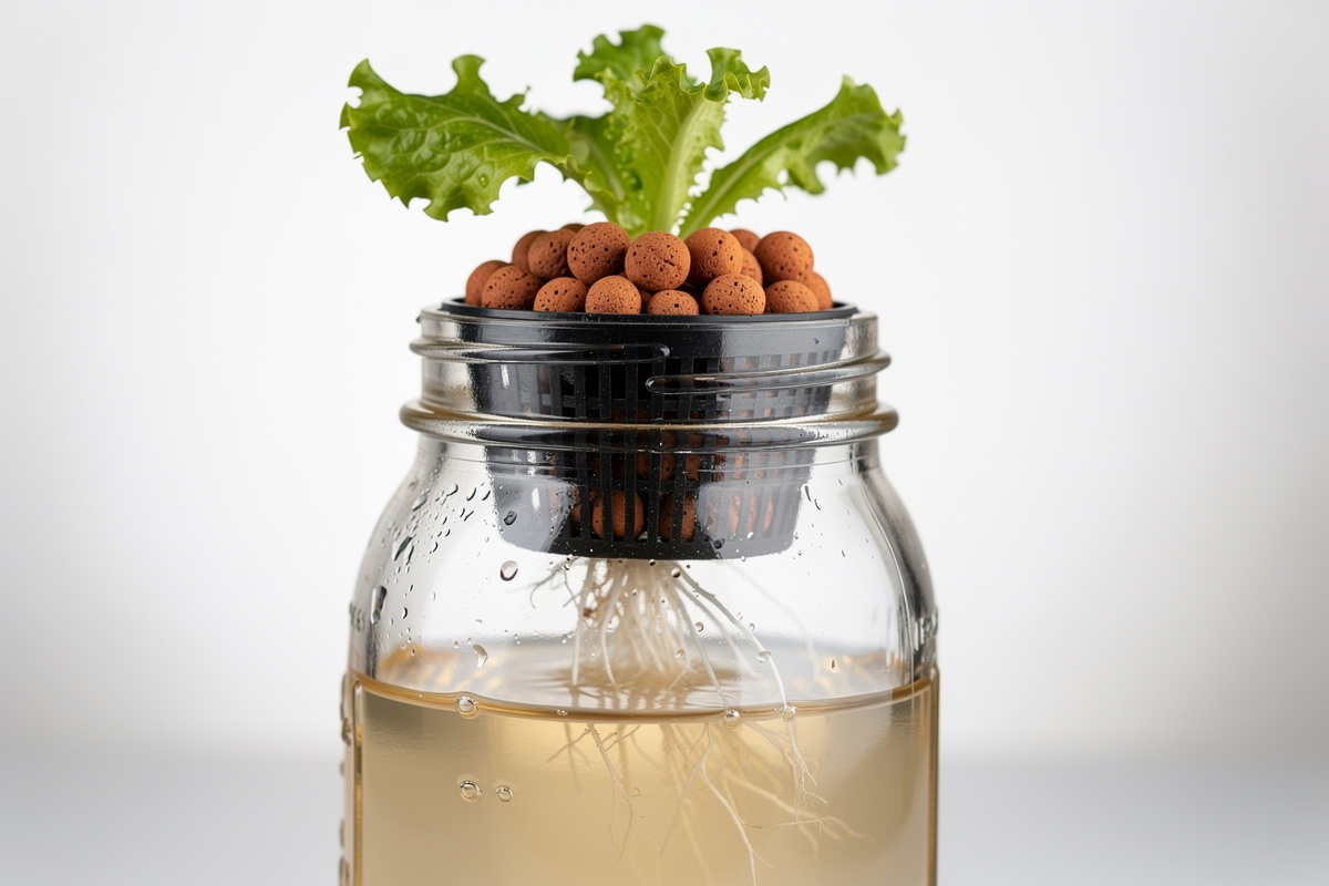 Kratky method hydroponic lettuce setup with mason jar, net pot, clay pebbles, and lettuce seedling with roots in nutrient solution