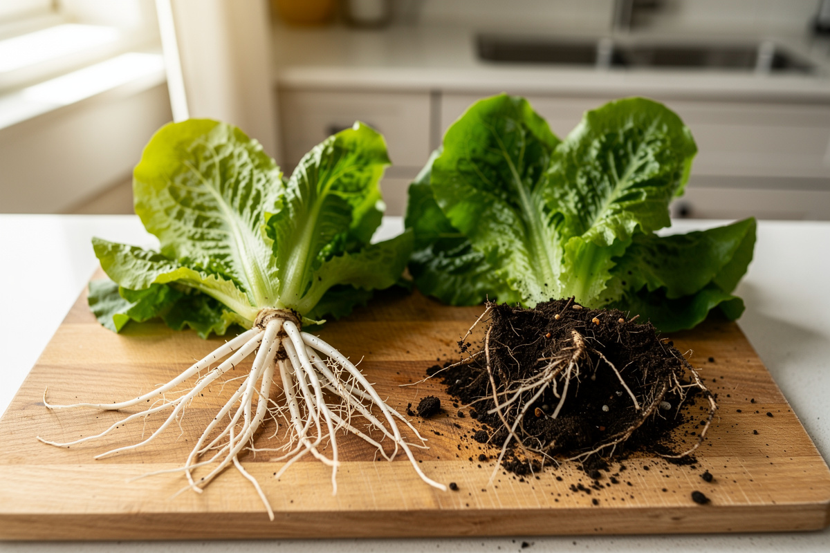 Hydroponic and soil-grown lettuce heads side by side on a cutting board showing root differences