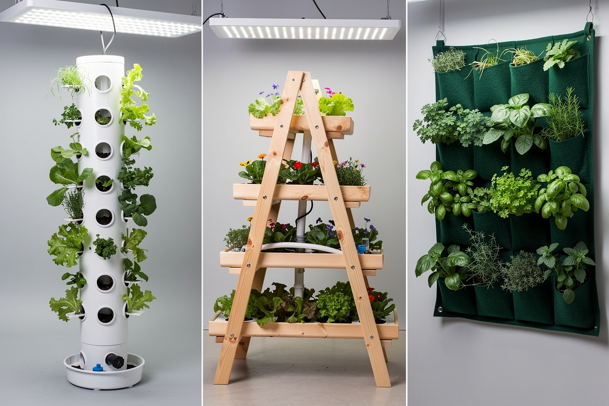 Three different vertical gardening systems compared side by side