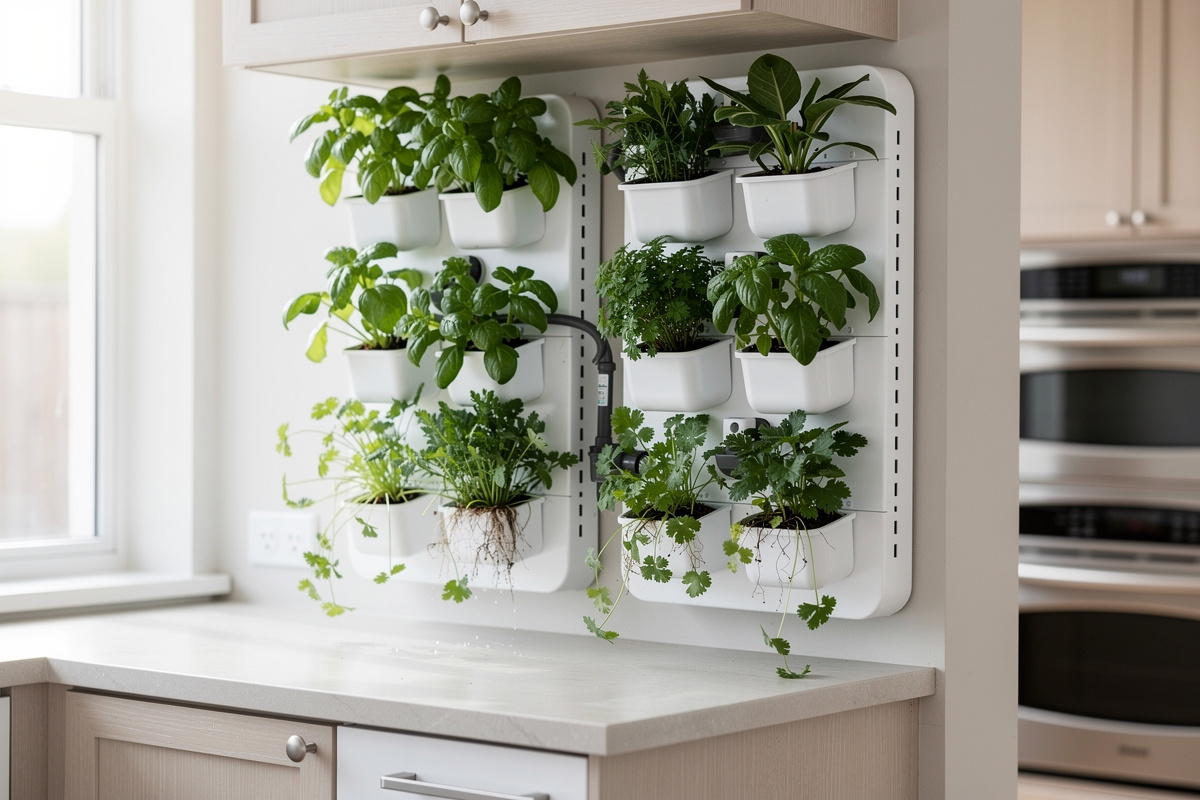 Wall-mounted vertical hydroponic garden with herbs in a modern kitchen