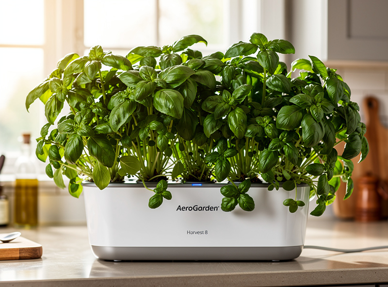 Mature basil overflowing AeroGarden Harvest