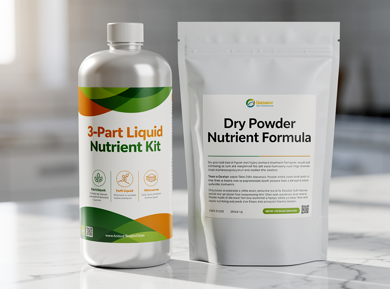 Two hydroponic nutrient bottles compared side by side, one three-part liquid kit and one single-bottle dry powder formula