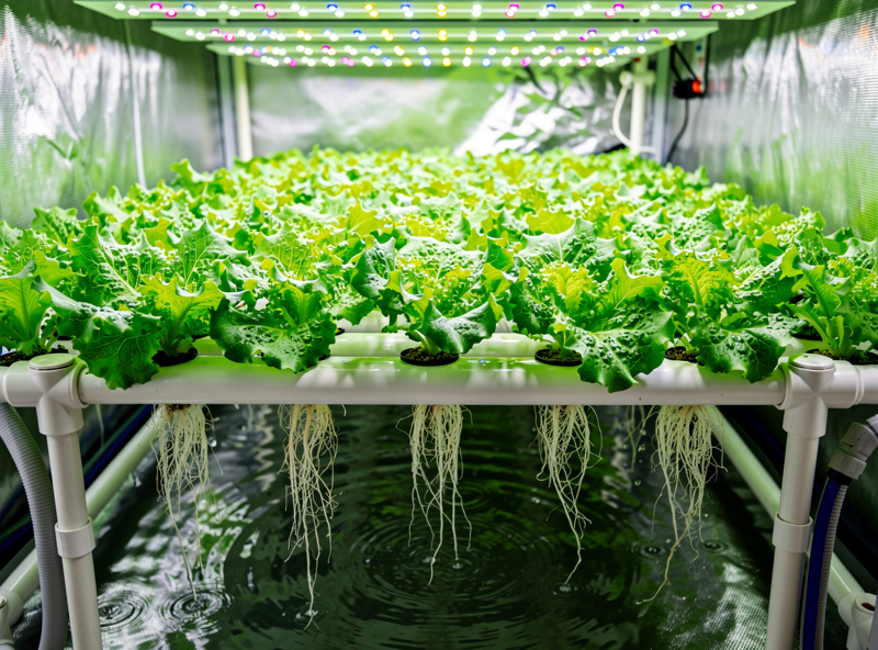 Thriving hydroponic lettuce raft system with bright green Buttercrunch heads and visible white roots in nutrient solution