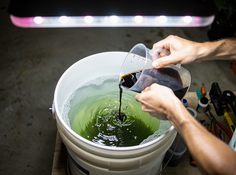 Hydroponic grower mixing fertilizer in a 5-gallon bucket reservoir with measuring cup pouring concentrated nutrient