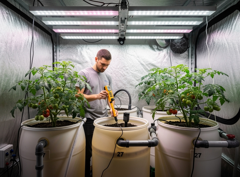 Home hydroponic grower checking multiple 27-gallon reservoir tanks with truncheon EC meter in garage grow tent