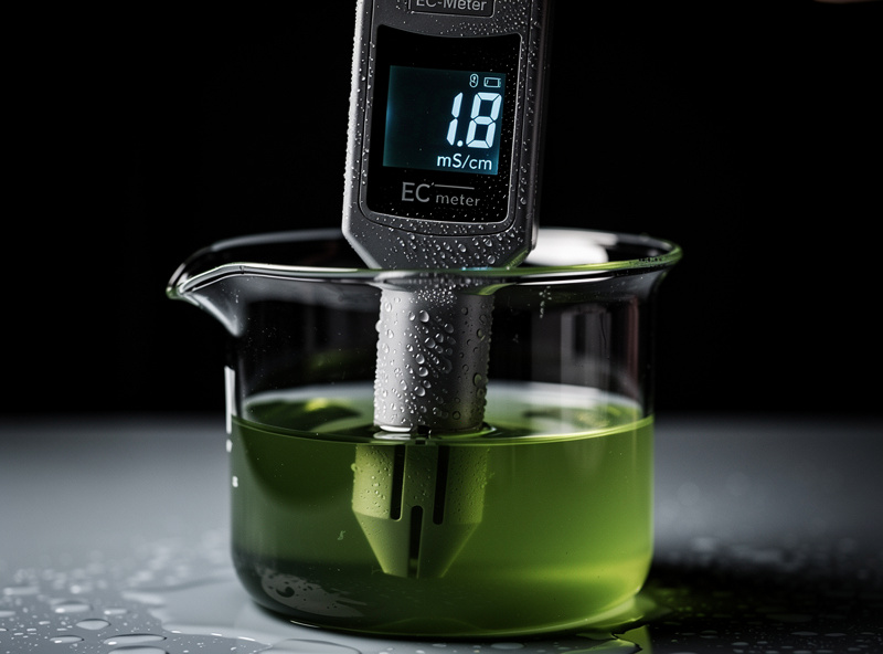 Digital EC meter probe submerged in clear glass beaker of green hydroponic nutrient solution displaying 1.8 reading