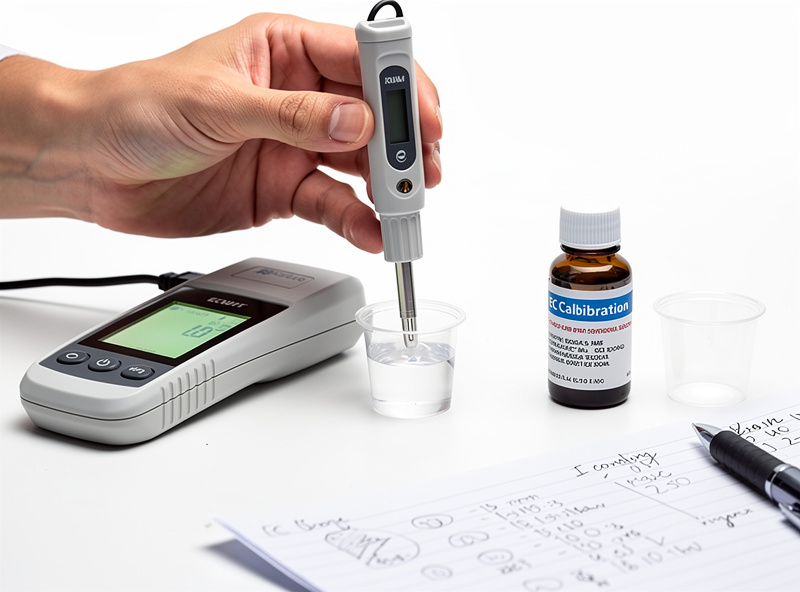 Person calibrating an EC meter using a small bottle of calibration solution and rinse cup