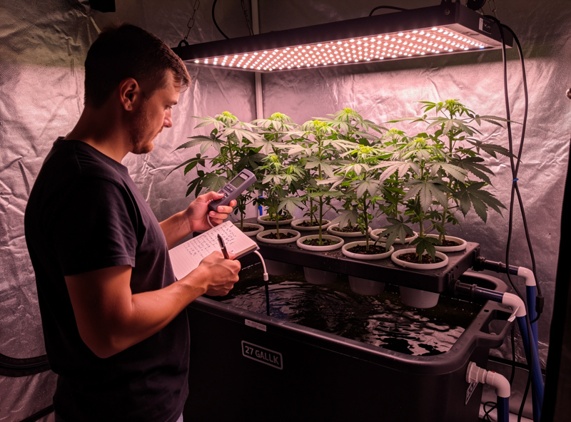 Hydroponic grower checking EC reading at the side of a 27-gallon reservoir tank in a home grow tent