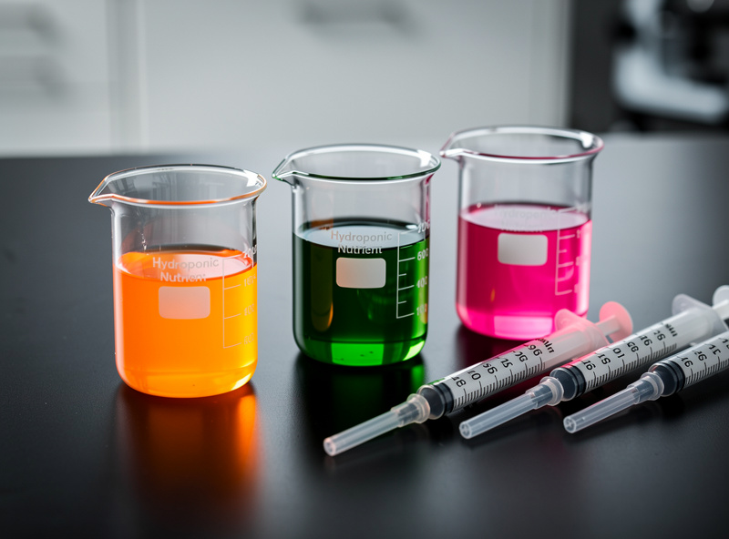Three labeled glass beakers showing the orange green and pink colored Flora Series solutions being prepared for mixing