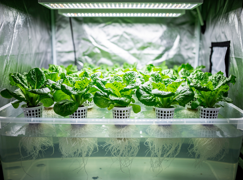 Healthy hydroponic lettuce plants with bright green leaves growing in net pots in a deep water culture system with white roots visible