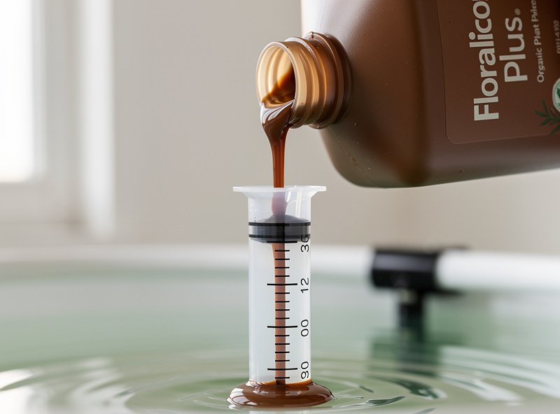 Brown thick General Hydroponics Floralicious Plus liquid being poured slowly from a bottle into a graduated measuring syringe over a hydroponic reservoir