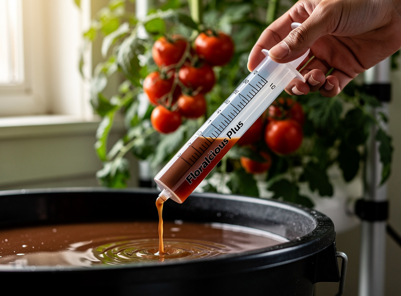 Hand using a graduated syringe to add a small dose of Floralicious Plus liquid into a hydroponic reservoir bucket with red ripe tomatoes growing above