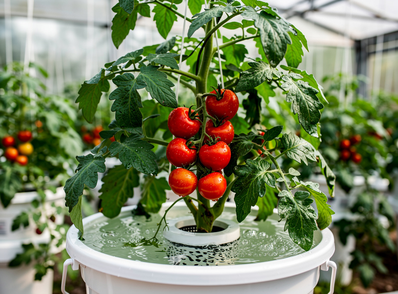 Healthy hydroponic tomato plant heavy with red ripe fruit clustered on the vine in a deep water culture system, vibrant green leaves filling the frame