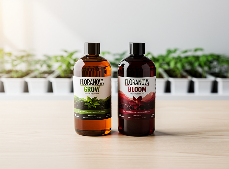 Two General Hydroponics FloraNova bottles side by side - amber Grow on left and dark red Bloom on right - on a wooden bench with hydroponic seedlings blurred in background