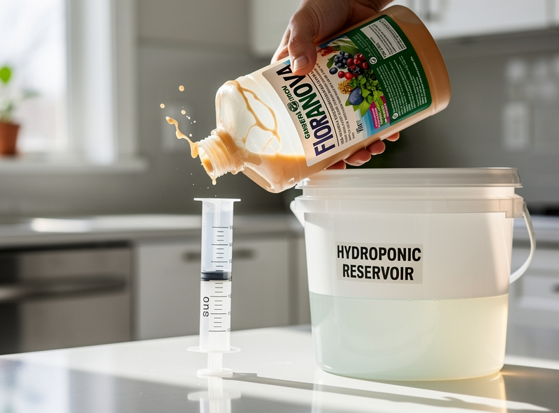 Hand vigorously shaking a thick General Hydroponics FloraNova bottle before measuring with a syringe over a hydroponic reservoir