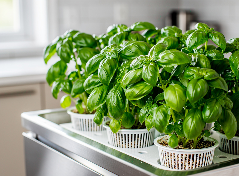 Healthy hydroponic basil plants with bright green leaves growing in net pots in a deep water culture system on a kitchen counter