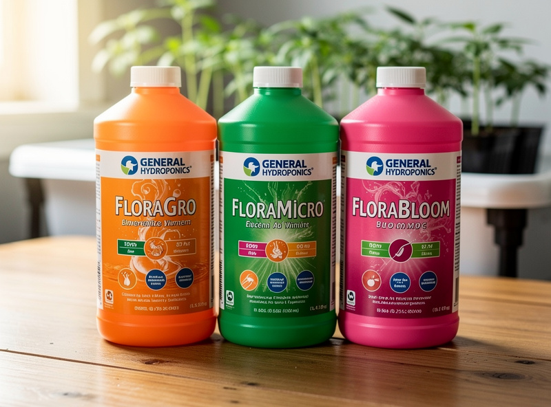 Lineup of General Hydroponics nutrient bottles including Flora Series, FloraNova, and CALiMAGic on a wooden bench