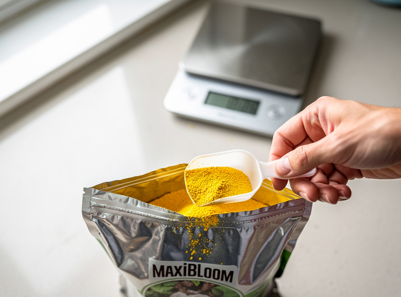 Hand scooping yellow MaxiBloom dry powder fertilizer from an open bag with a small measuring spoon