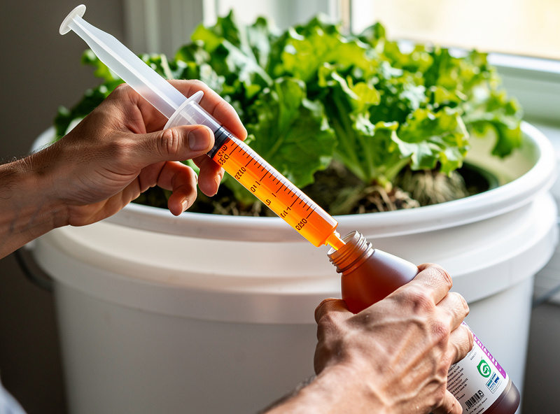 Hands measuring General Hydroponics liquid nutrients with a graduated syringe over a hydroponic reservoir