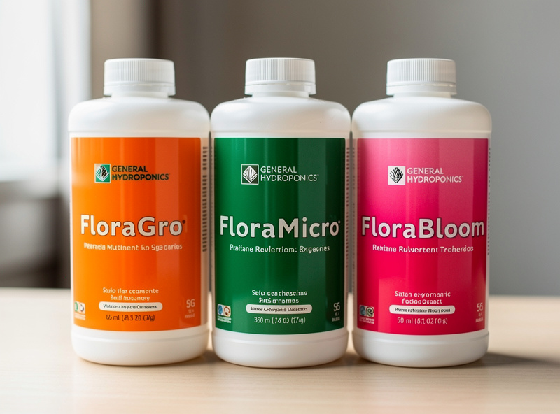 Three General Hydroponics Flora Series bottles - orange FloraGro, green FloraMicro, pink FloraBloom - lined up on a workbench