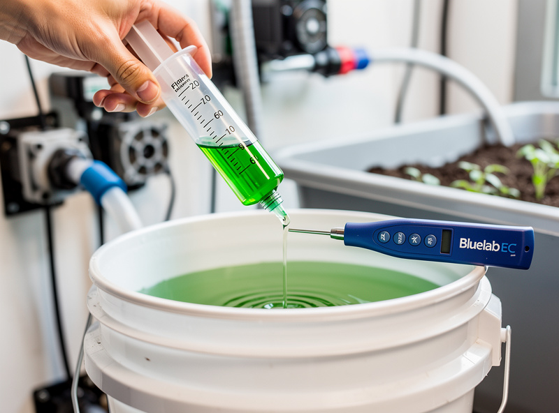 Hand using a graduated syringe to add green FloraMicro nutrient to a hydroponic reservoir bucket with EC pen sitting nearby