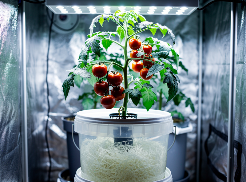Healthy hydroponic tomato plant with red ripe fruit growing in a deep water culture bucket setup with white roots visible