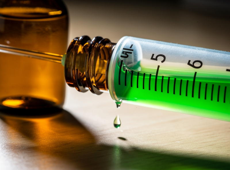 Graduated measuring syringe drawing 5 milliliters of green hydroponic nutrient concentrate from a brown glass bottle