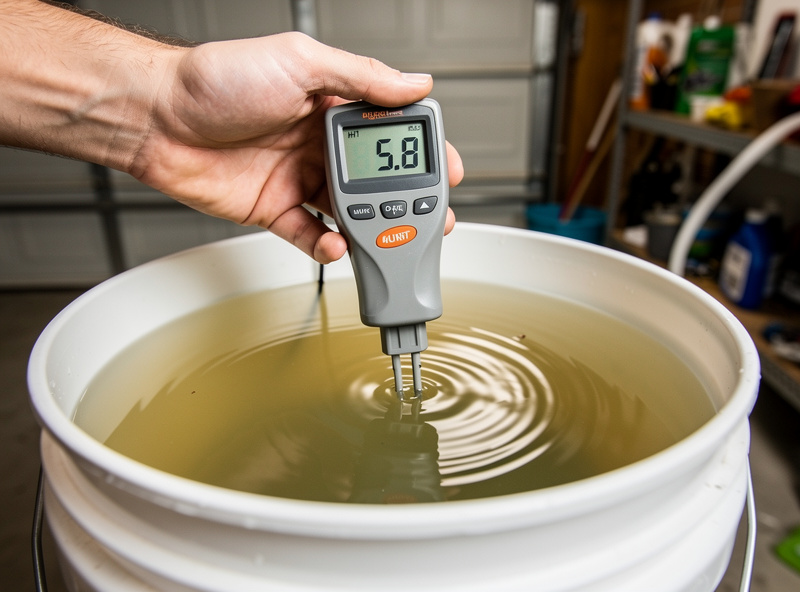 Person dipping a digital pH meter probe into a 5-gallon bucket reservoir of hydroponic nutrient solution showing 5.8 reading