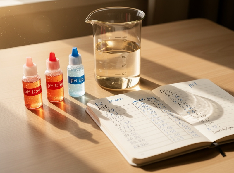 Three small dropper bottles of pH Up and pH Down beside a graduated cylinder and notebook with handwritten EC and pH readings