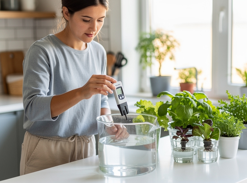 Person checking pH of hydroponic nutrient solution with digital meter in home kitchen