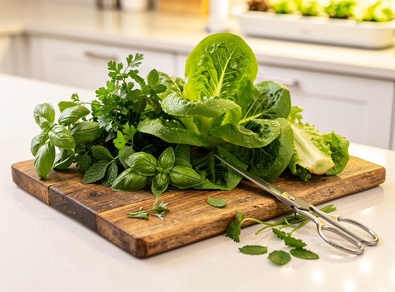 Fresh hydroponic lettuce and herb harvest on cutting board with scissors, first harvest celebration
