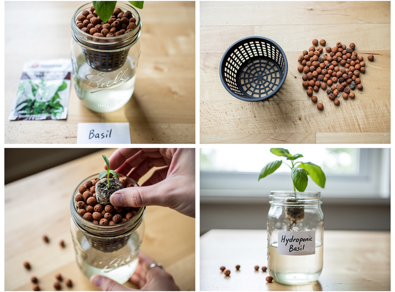 Step by step hydroponic setup showing net pot, clay pebbles, and seedling being planted in mason jar